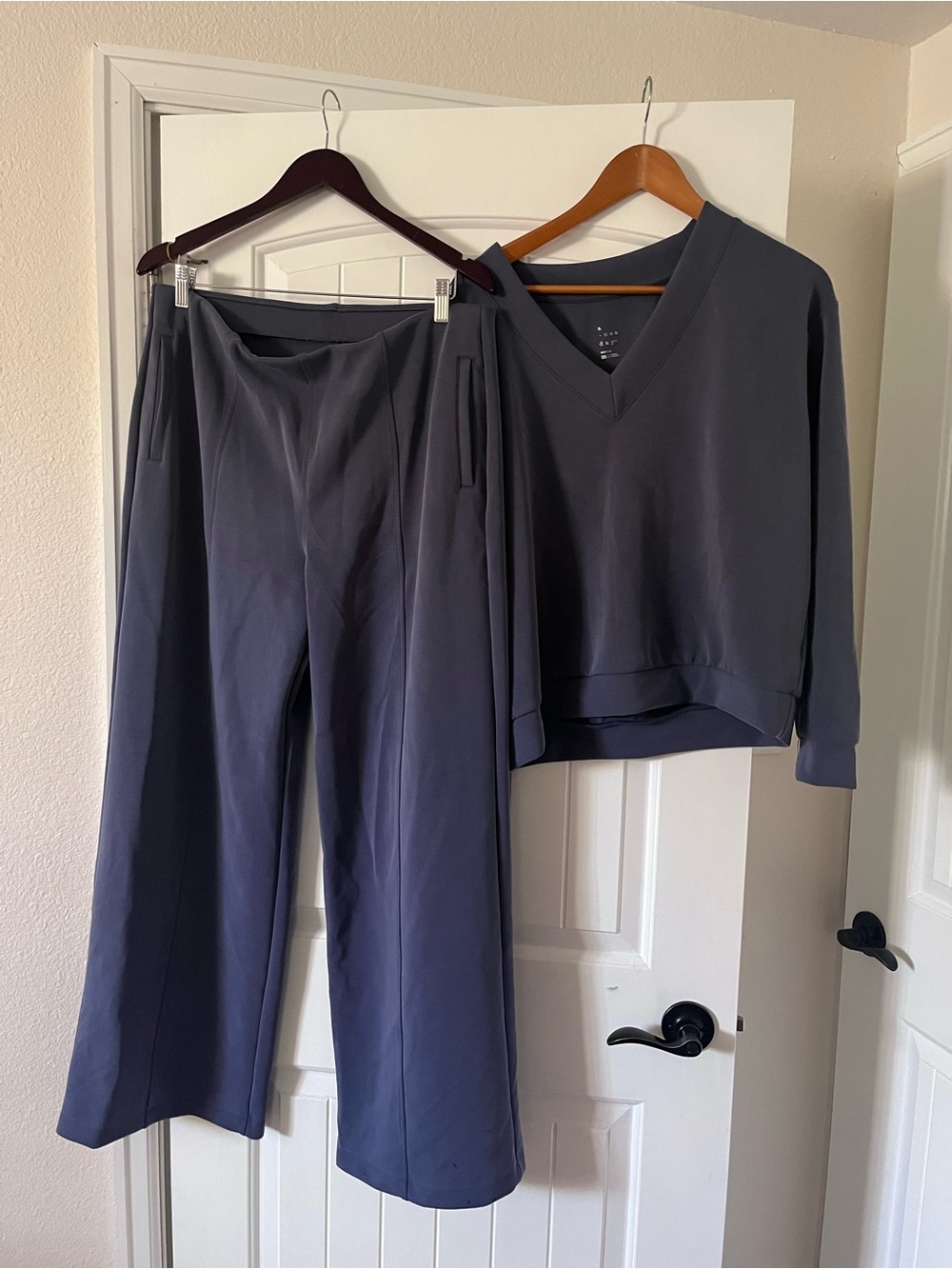 a new day • Slate Blue V-Neck Sweatshirt with Wide-Leg Pants Matching Set